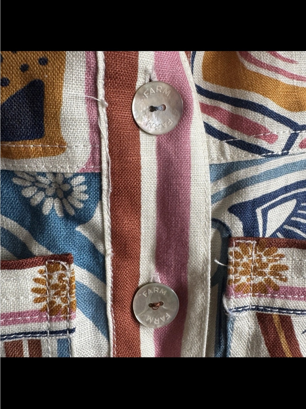 Farm Rio Cerrado Stamps Short Sleeve Belted Linen Mini Dress - Picture 9 of 15